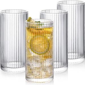Drinking Glasses with Origami Style Set of 4 Glass Cups, 12 oz Ribbed Glassware, Highball Glass Cups, Elegant Art Deco Ripple Vintage Glassware, Juice Glasses, Ideal for Cocktail, Beer