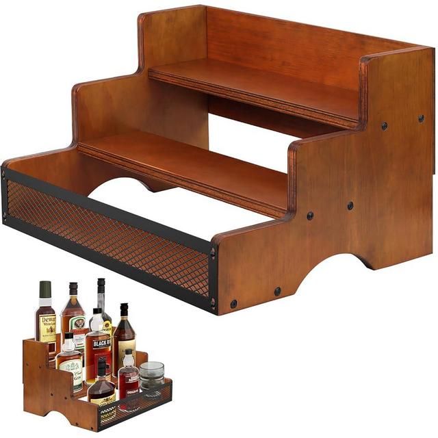 3 Step Liquor Bar Bottle Display Shelf, Coffee Syrup Rack Organizer Syrup Bottle Holder Stand for Coffee, 12 Bottles Storage Shelves for Syrup, Wine, Dressing for Kitchen Coffee (Brown Tawny Color)
