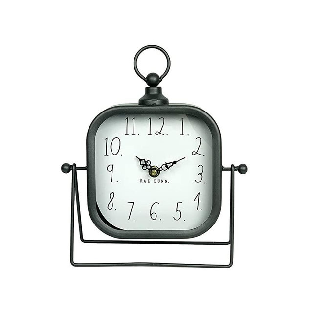 Rae Dunn Desk Clock - Battery Operated Modern Metal Rustic Design with Top Loop for Bedroom, Office, Kitchen - Small Classic Analog Display - Chic Home Décor for Desktop Table, Countertop