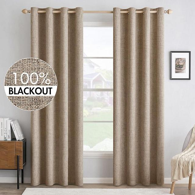 MIULEE 100% Blackout Linen Textured Curtains for Bedroom Solid Thermal Insulated Copper Brown Grommet Room Darkening Curtains & Drapes Luxury Decor for Living Room Nursery 52 x 84 Inch (2 Panels)