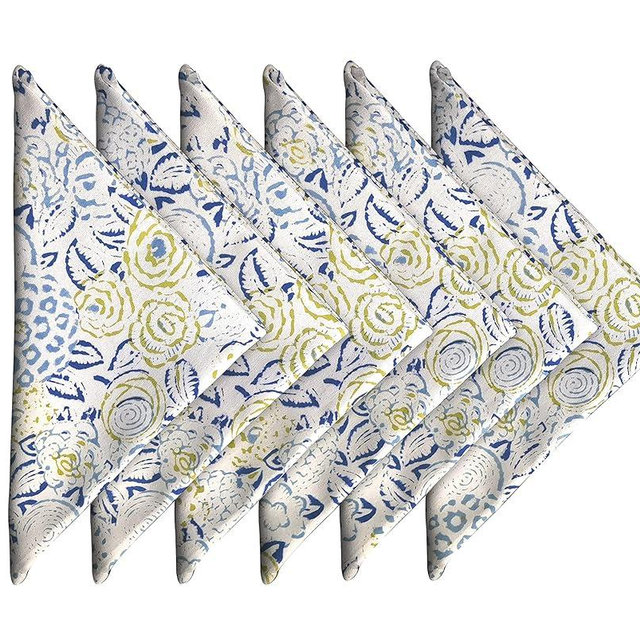 Block Print 100% Soft Cotton Napkins 18x18 inches - Washable Cloth Dinner Napkins Set of 6 - Everyday Use or Dinner Party and Events - White and Blue Lightweight Indian Fabric by Craftbot