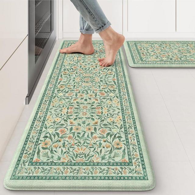 KIMODE Anti Fatigue Mats for Kitchen Floor, 17.3"x29"+17.3"x47" Farmhouse Kitchen Rugs Sets of 2, Cushioned Kitchen Mats for Floor Non Slip, Padded Standing Desk Mat for Sink Laundry Desk Green