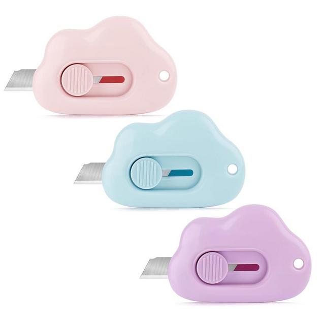Box Cutters - 3 Pack Retractable Letter Opener, Adorable Cloud Tiny Paper Cutter for Key Chain Pocket Bag Package Envelope Mail Letter Box Paper DIY Projects for Girls and Boys
