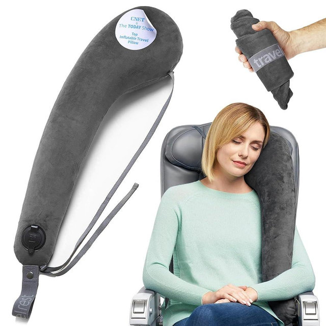 TRAVELREST All-in-One Neck & Body Pillow, Advanced Support Design, Travel Essential, Memory Foam Inserts, Inflatable, Airplane & Car Seat, Sleeping on Long Flight & Trips, Grey (Washable Velour Cover)