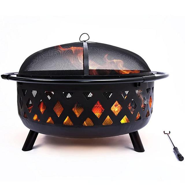 Project One Crossweave Outdoor Fire Pit - 36 Inch Large Bonfire Wood Burning Patio & Backyard Firepit for Outside with Spark Screen, Poker, and Round Fireplace Cove