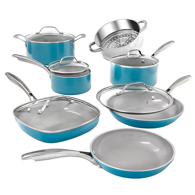 GOTHAM STEEL Pots and Pans 12 Piece Cookware Set with Ultra Nonstick Ceramic Coating by Chef Daniel Green, 100% PFOA Free, Stay Cool Handles, Ocean Blue