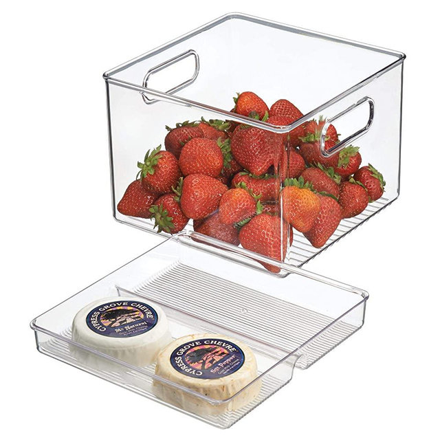 iDesign InterDesign Kitchen Bin with Removable Divided Tray for Food Storage-Clear Fridge Binz 2 Piece, 8 x 8 x 6, Small