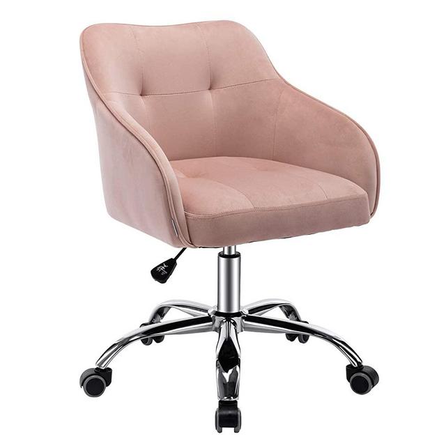 Velvet Desk Chair for Home Office, Soft Height Adjustable 360°Swivel Computer Chair, Upholstered Guest Chair with Armrest and Wheels for Living Room/Study Room/Bedroom (Pink)