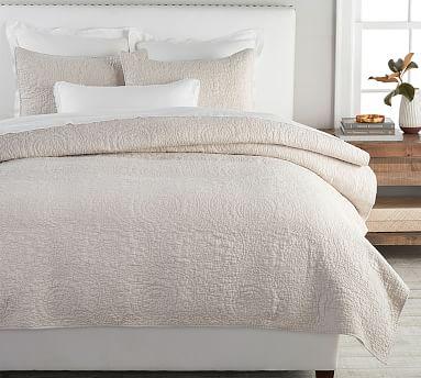 "Natural" Belgian Flax Linen Floral Stitch Quilt & Shams