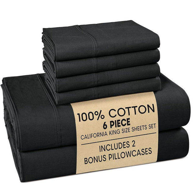 Casa Platino Sheets Cal King – 6 Piece Crisp Percale Weave Cal King Cooling Sheets with 15" Deep Pockets, Lightweight & Cool Feel for All Sleepers, Soft & Breathable for a Great Nights Sleep – Black