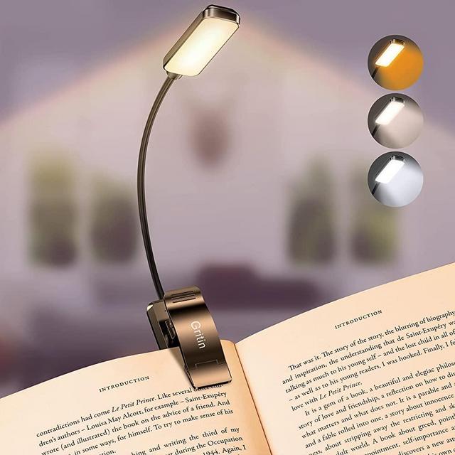 Gritin 9 LED Rechargeable Book Light for Reading in Bed - Eye Caring 3 Color Temperatures,Stepless Dimming Brightness,12+Hrs Runtime Small Lightweight Clip On Book Reading Light for Kids,Studying
