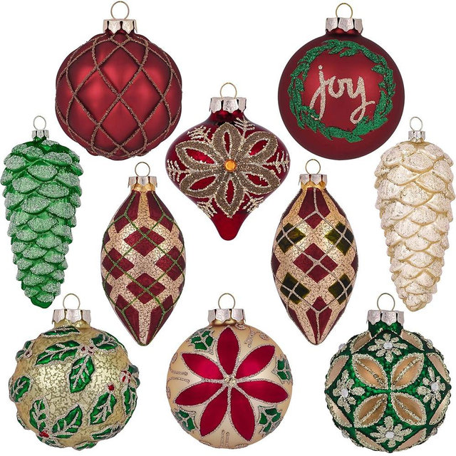 Valery Madelyn Glass Christmas Ornaments Set, 10ct Red Green and Gold Mercury Blown Glass Christmas Tree Ball Decorations, Traditional Country Xmas Hanging Teardrop Finial Bulk for Holiday Decor
