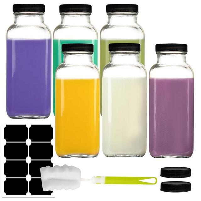 NAWORLI 6 Pack 12 oz Glass Juice Bottles, 350 ml Glass Square Water Bottles with Lids, Reusable Empty Drinking Jars with Labels and Brush for Juice, Smoothies, Kombucha
