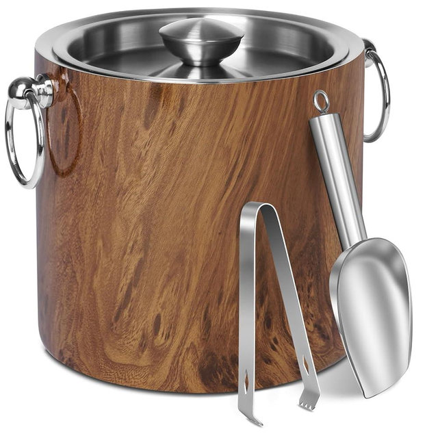 CAOANTRY Ice Bucket with Lid & Tong- Well Made Insulated Stainless Steel Keep Ice Frozen Longer - Ideal for Cocktail Bar, Parties, Chilling Wine, Champagne - 3 Liter (Teakwood)