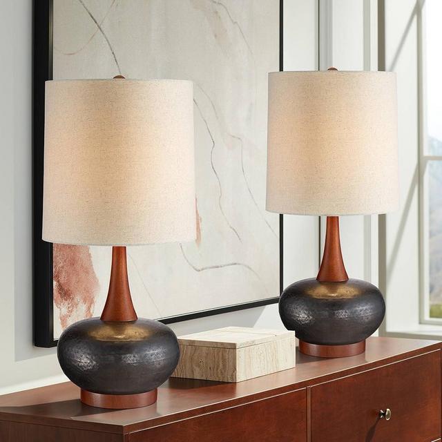 360 Lighting Andi Mid Century Modern Table Lamps 24 1/2" Tall Set of 2 Brown Hammered Ceramic Red Oak Wood Off-White Fabric Shade for Bedroom Living Room Bedside Nightstand House Home Office