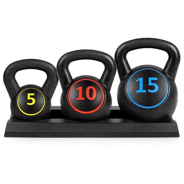 Best Choice Products 3-Piece HDPE Kettlebell Exercise Fitness Weight Set w/ 5lb, 10lb, 15lb Weights, Base Rack
