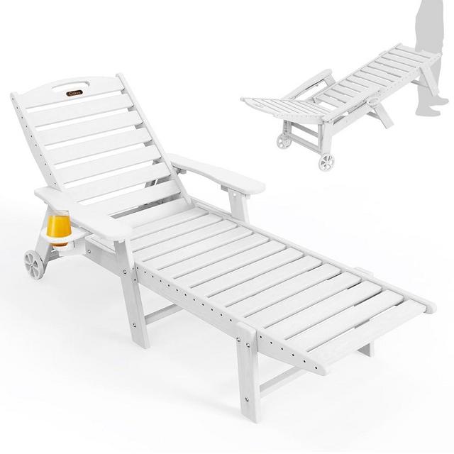 Lounge Chair Outdoor, Oversized Chaise Lounge Chair with 5 Positions, HDPE, Patio Lounge Chair with Wheels & Cup Holder for Pool, Deck, Poolside, White