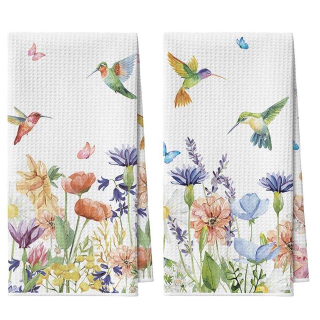 Artoid Mode Anemone Flower Hummingbird Kitchen Towels Tea Towels, 18x30 Inch Oversize Quick Dry Microfiber Cloth Dish Towels for Kitchen Drying Set of 2