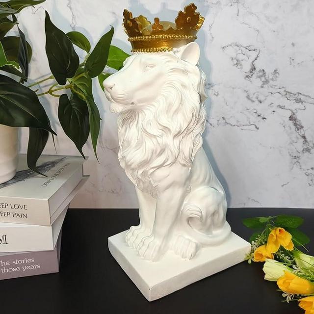 CUZOKOLA 15IN H Large Modern Royal King Lion Statue Decor for Shelf Nordic Style Golden Crown Lion King Statues Figurine Decorations for Home Decoration White Lion Decor Best Gift for Man