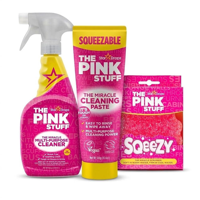 Stardrops The Pink Stuff Miracle Multi Purpose Cleaner Spray, Squeezable Cleaning Paste & SQeeZY Scrubber Sponge | Multi Surface Household Cleaning Kit for Kitchen, Bathroom, Tiles & Appliances