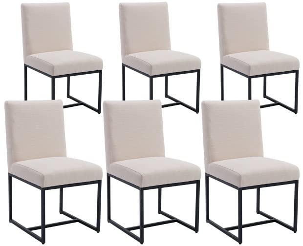 VESCASA Linen Upholstered Dining Chairs Set of 6, Mid Century Modern Padded Chair with Black Metal Frame for Restaurant, Dining Room, Kitchen, Cream