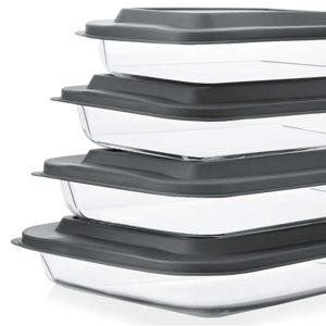 8-Piece Deep Glass Baking Dish Set with Plastic lids,Rectangular Glass Bakeware Set with Lids, Baking Pans for Lasagna, Leftovers, Cooking, Kitchen, Freezer-to-Oven and Dishwasher, Gray