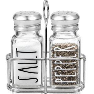 Clear Glass Salt and Pepper Shakers Set with Holder by Brighter Barns - Dining Table Countertop Accessories, Farmhouse Kitchen Decor - Glass Shakers with Caddy for Restaurant, BBQ, Camping, RV (Clear)