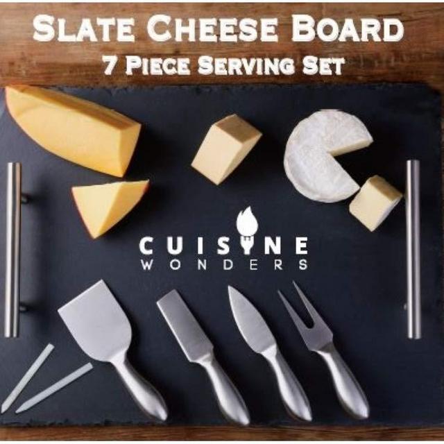 Slate Cheese Board and Knife Set, Stainless Steel Handles & Cutlery [7 pc set], Premium Quality, Easy Transportation, 16"x12", 4 Cutlery & 2 Chalks (Stainless Steel)