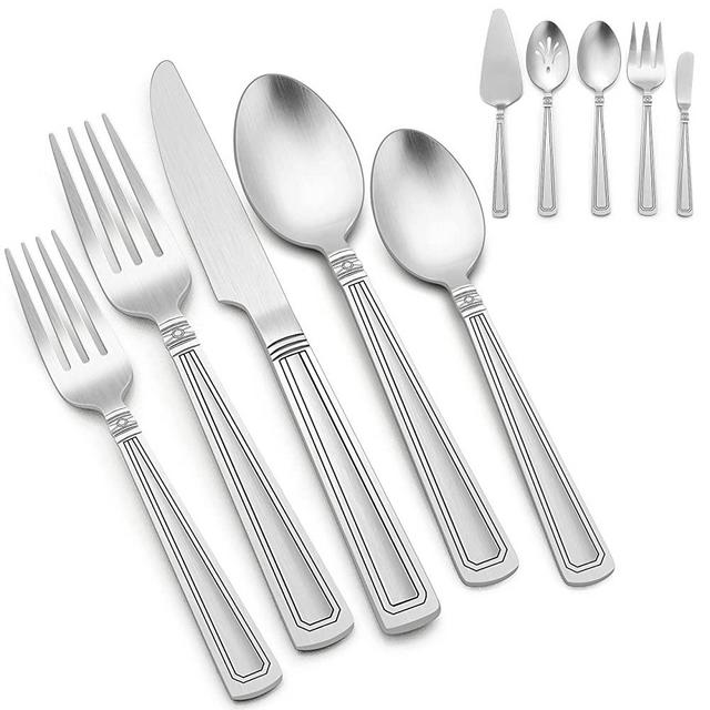 45-Piece Heavy Duty Silverware Set, E-far Stainless Steel Flatware Cutlery Set with Serving Utensils Service for 8, Antique Metal Tableware Eating Utensils for Kitchen Restaurant, Dishwasher Safe