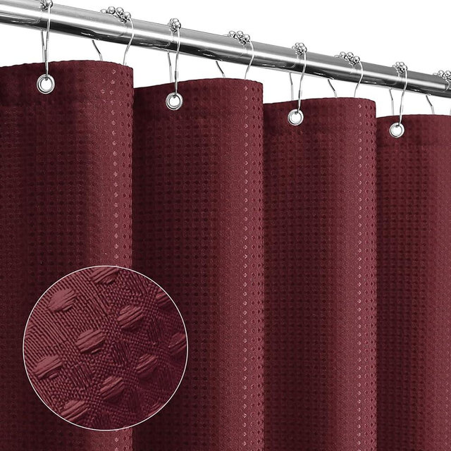 Gibelle Long Shower Curtain 72 x 78, Tall Waffle Weave Textured Fabric Shower Curtain for Bathroom, Water Repellent, Machine Washable, Burgundy