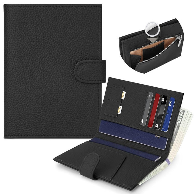 Genuine Leather Passport Holder for Women Men, Hidden Airtag Pocket, RFID Blocking, Zippered Coins Pocket & Cash Compartment Travel Gifts Essentials Passport Cover Case - Black