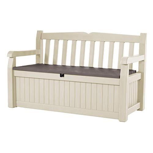 Keter Eden 70 Gallon Storage Bench Deck Box for Patio Decor and Outdoor Seating, Beige, Beige/Brown