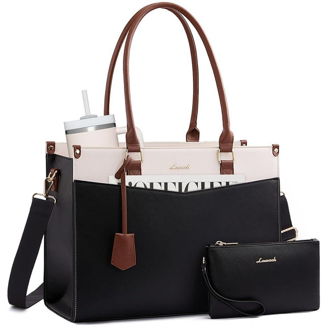 LOVEVOOK Laptop Bag for Women, 2-in-1 Tote Purse with Clutch & Cup Holder, Waterproof Briefcase for Work Travel