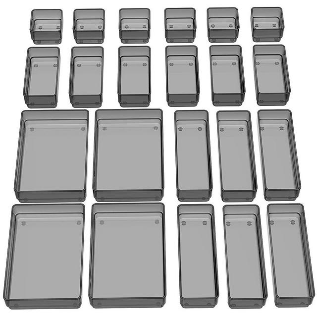SMARTAKE 22-Piece Drawer Organizer with Non-Slip Silicone Pads, 4-Size Clear Desk Drawer Organizer Trays Storage Tray for Makeup, Jewelries, Utensils in Bedroom Dresser, Office, Light Black