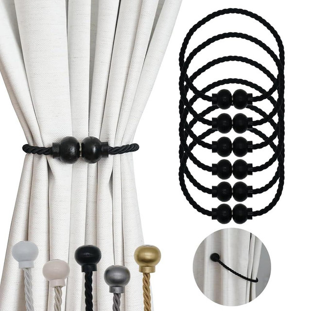 HIASTRA 6 Pack Magnetic Curtain Tiebacks Modern Handmade Rope Curtain Tie Backs Decorative Drapes Weave Holdbacks for Home Outdoor Bedroom Office Decorative Curtain, Black