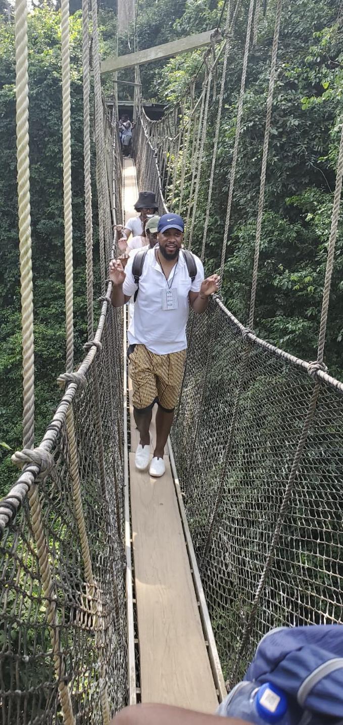 Carrington was not happy with me for strongly encouraging him to do a canopy walk which is 130ft in the air. Kakum National Park - Ghana 2019