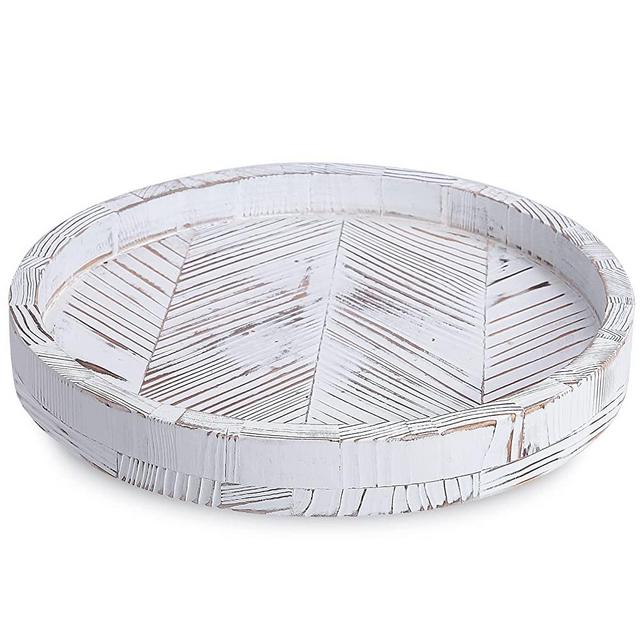 12.5 Inch Rustic Farmhouse Wood Lazy Susan Turntable for Table, Tomoaza White Herringbone Decorative Turntable Tray, Dining Table Centerpiece and Cabinet Organizer