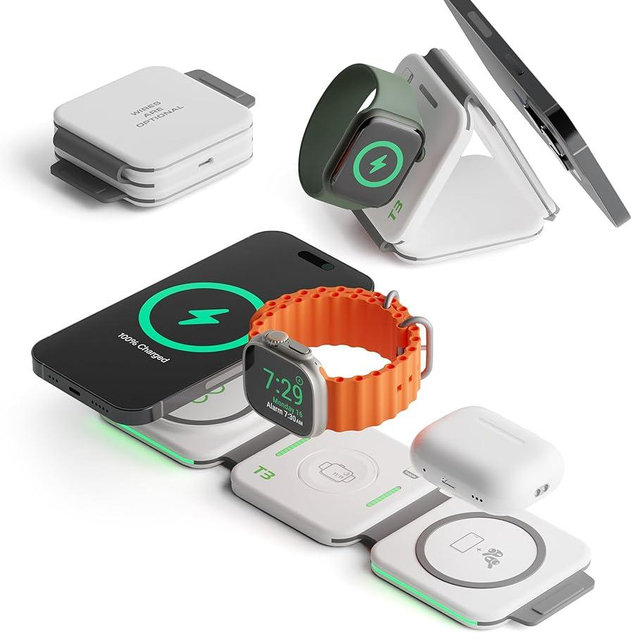 InfinaCore T3 Tri-Charge Wireless Charging Pad - 3-in-1 Charging Station Compatible with iPhone, AirPods & Watch - Fast Charging Up to 25W - Compact, Foldable, & Travel-Friendly (White)