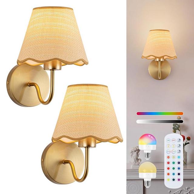 ADISUN Battery Operated Wall Sconce Set of 2, Gold Wall Lamps Rechargeable Bulbs for Living Room, Rattan Shade Wireless Wall Lights for Bedroom Living Room Hallway Kitchen(2 Bulbs Included)