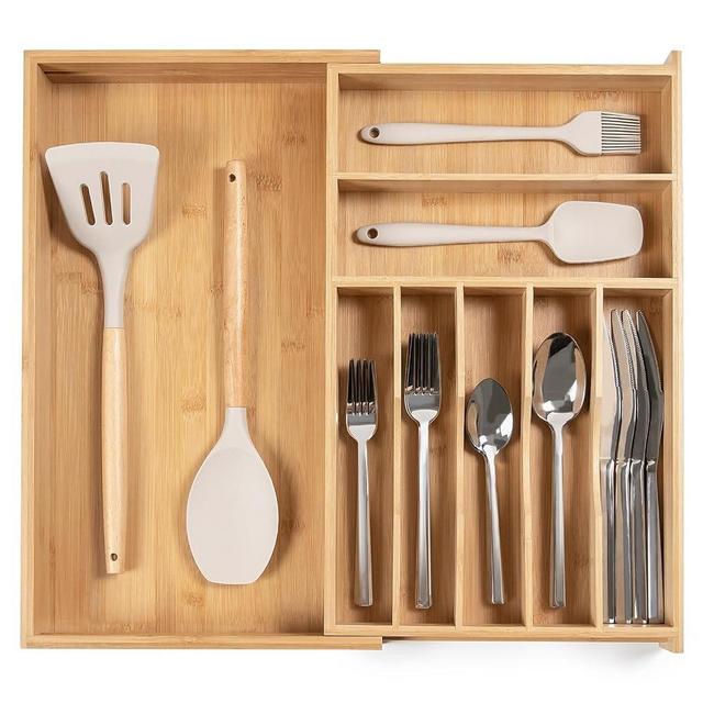 KitchenEdge Premium Silverware, Flatware and Utensil Organizer for Narrow Kitchen Drawers, Expandable 10.5 to 19 in, 9 Storage Compartments, Non-Slip Feet, Food-Safe, 100% Bamboo Wood