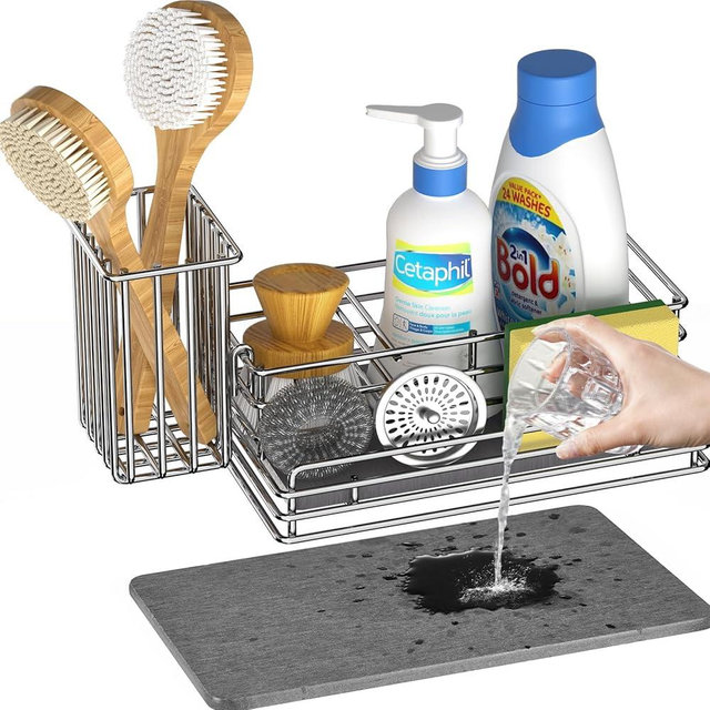 Yofidra Sink Caddy: Instant Drying Stone Sponge Holder, Stainless Steel Basket for Sponges, Scrubbers, Soap, 9.5" X 5.5" X 5.7"
