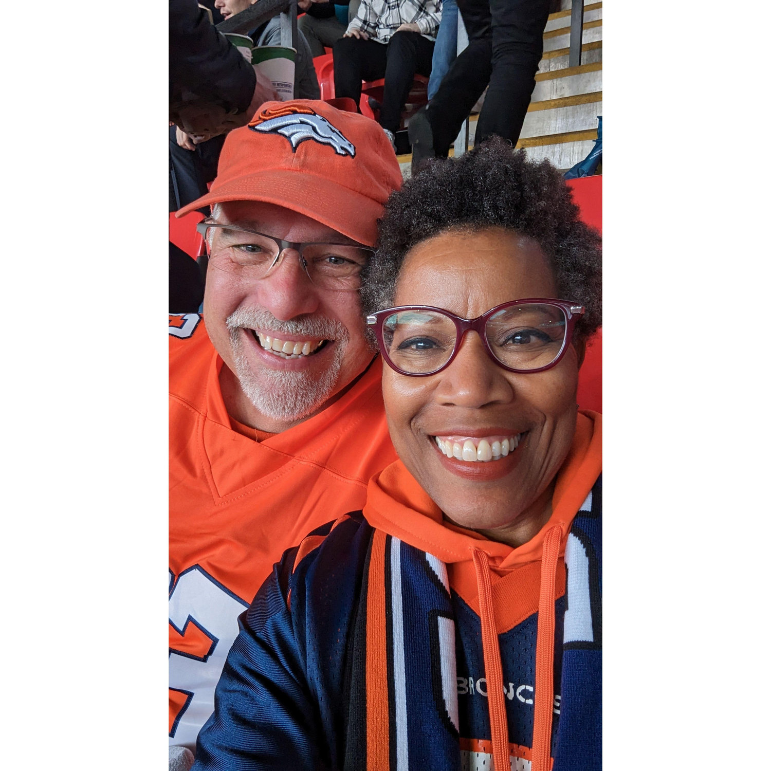 Greg is a HUGE Denver Broncos fan. This was our first game together -- in London -- and they actually won!