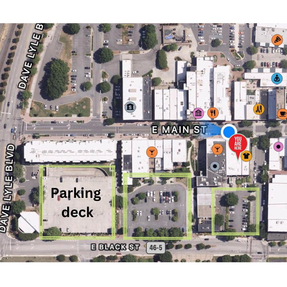 "You are here" marks the venue location. The address for the parking deck recommended is 121 E Black St Rock Hill, SC 29730.