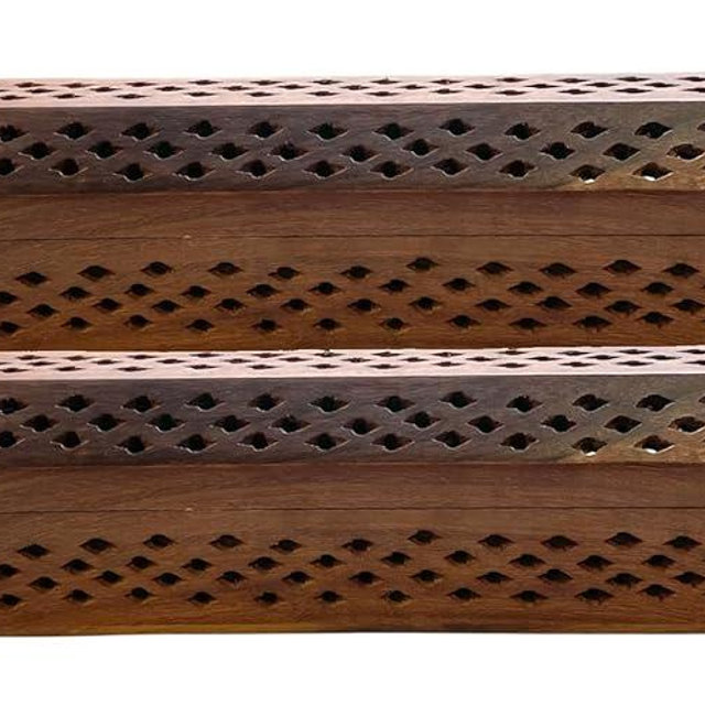 Crystalo - 2 Pack Wooden Coffin Incense Sticks Burner - 12 Inches Brass Inlays - Storage Compartment (Net Carving)