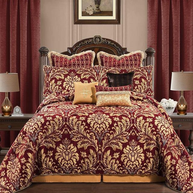 Loom and Mill 9-Piece Chenille Jacquard Comforter Set, Luxury Christmas Red Comforter Queen Sets, Ultra Soft Floral Bedding with Euro Shams, Bedskirt, Filled Decorative Pillow for Home (Lafaye, Queen)