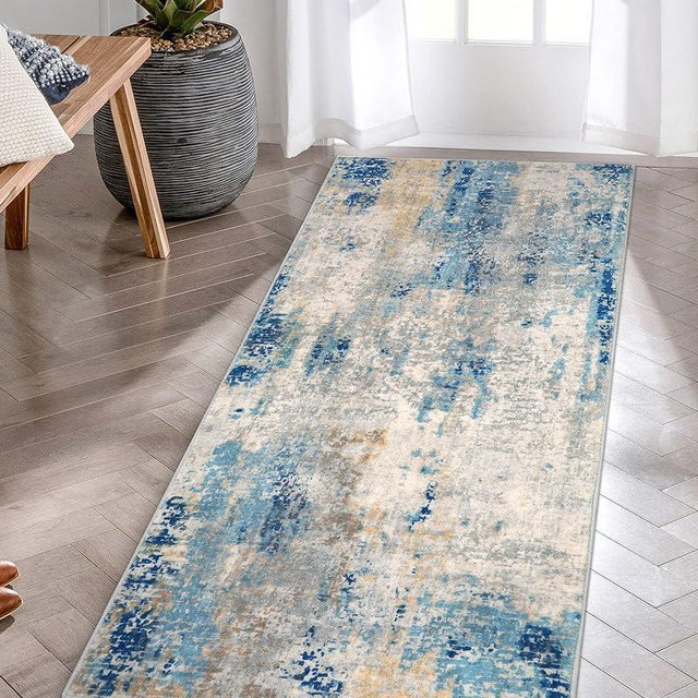 Lahome Modern Abstract Laundry Rug Runner, 2x4.3 Washable Throw Carpet Runner for Entryway, Soft Non-Slip Indoor Mat Runner Rug for Kitchen Master Bedroom Living Room Seat Door, Blue/Yellow/Ivory