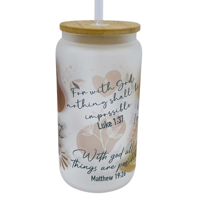 Sandpiper Ink - 16/20oz Frosted Glass With Bamboo Lid and Plastic Straw - Christian, Religious (Bible Verses #1, 16oz)