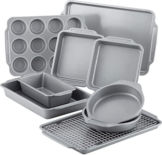 Farberware 46650 Nonstick Steel Bakeware Set with Cooling Rack, Baking Pan and Cookie Sheet Set with Nonstick Bread Pan and Cooling Grid, 10-Piece Set, Gray