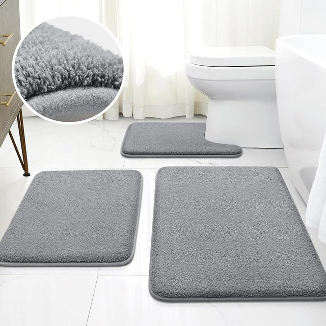 HOMEIDEAS Upgraded Bathroom Rugs Set 3 Piece, Extra Thick Absorbent Plush Soft Memory Foam, Washable Toilet Bath Mat (Grey)