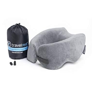 Travelrest NEW Ultimate Memory Foam Travel Pillow - Therapeutic, Ergonomic & Patented - Washable Cover - Most Comfortable Neck Pillow - Compresses to 1/4 of its Size